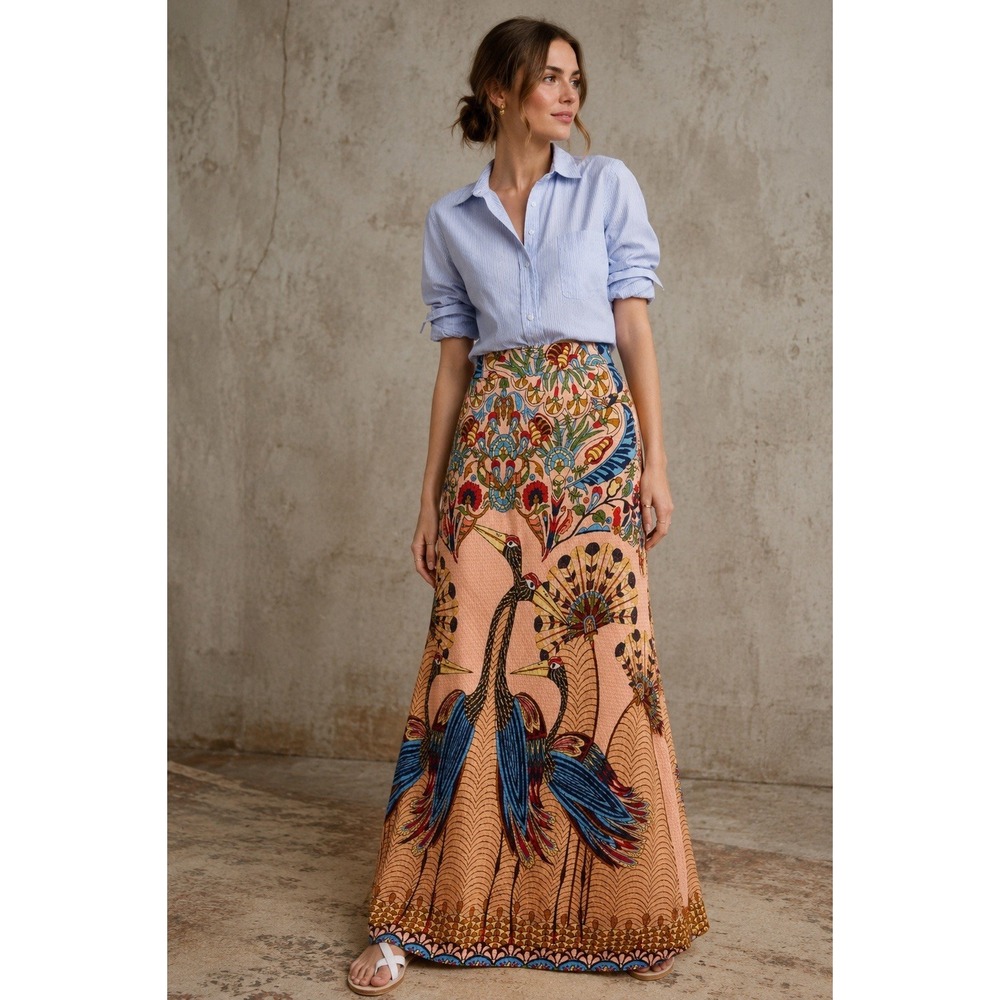 FARM Rio Peach Floral Maxi Skirt with Blue & Green Accents
